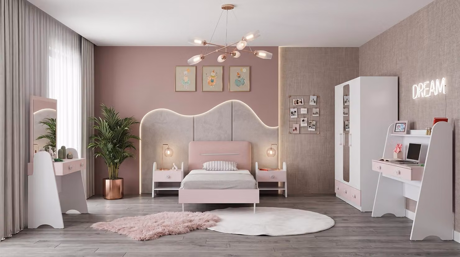 Rosa: Letto per ragazzi, comodini, armadio, tavolino da trucco, scrivania