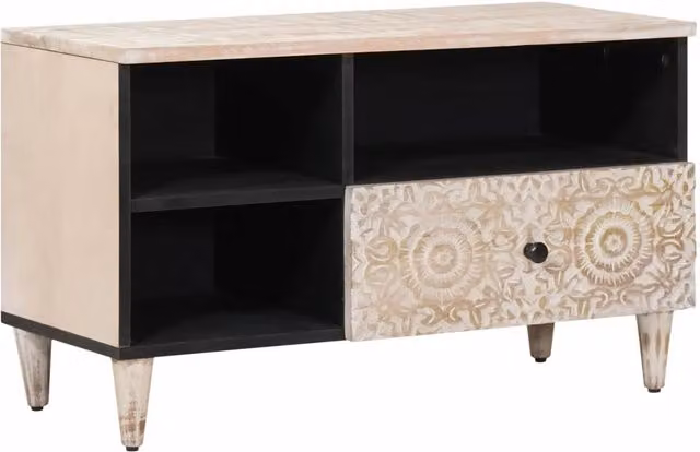 Mobile TV-Credenza Design In in legno di mango massello e metallo, Bianco, L 80 cm x P 33,5 cm x H 46 cm – 1