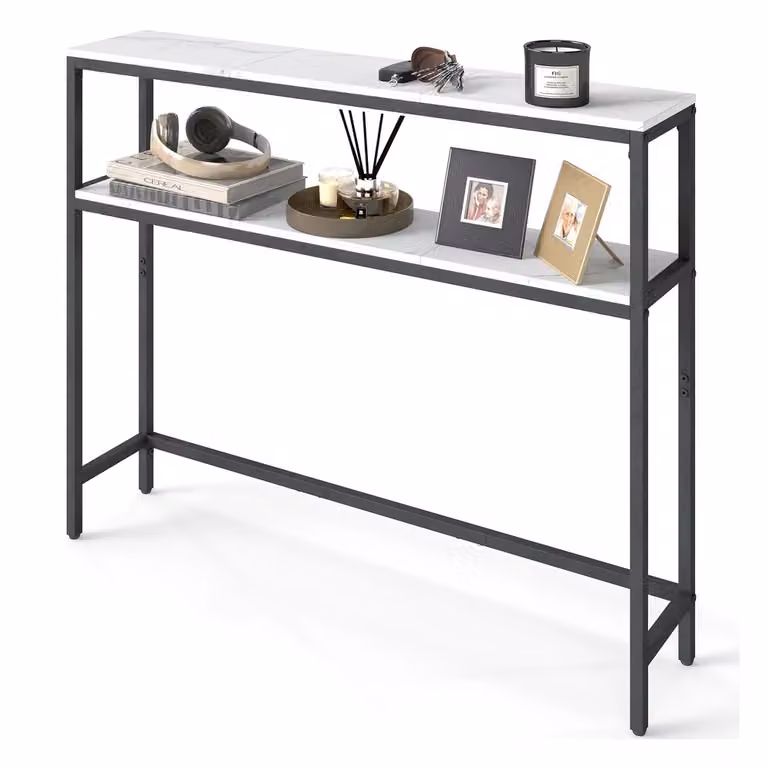 Consolle da Ingresso Moderna con 2 Ripiani, Bianco Marmo + Nero Inchiostro / 100l cm