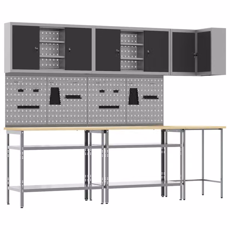 vidaXL Set di mobili da lavoro con lo scaffale 10 pz Nero e Grigio