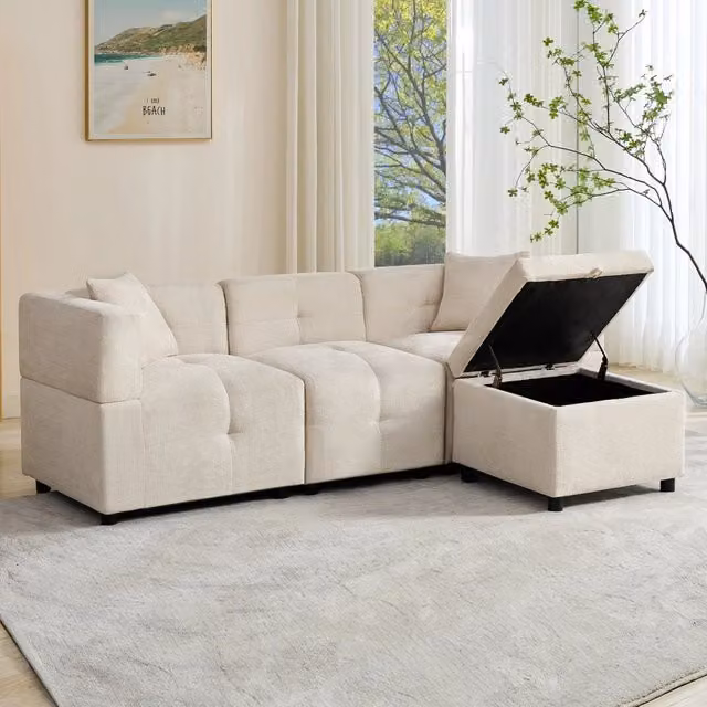 Divano angolare 3 posti con pouf contenitore e 2 cuscini lombari ergonomici in ciniglia beige 204 × 126 × 69 cm