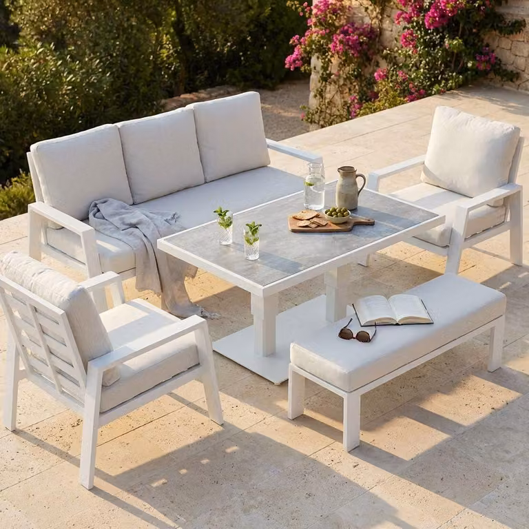 Milani Home - salotto da giardino, alluminio e tessuto, con tavolino e cuscini, 5 posti, bianco e beige