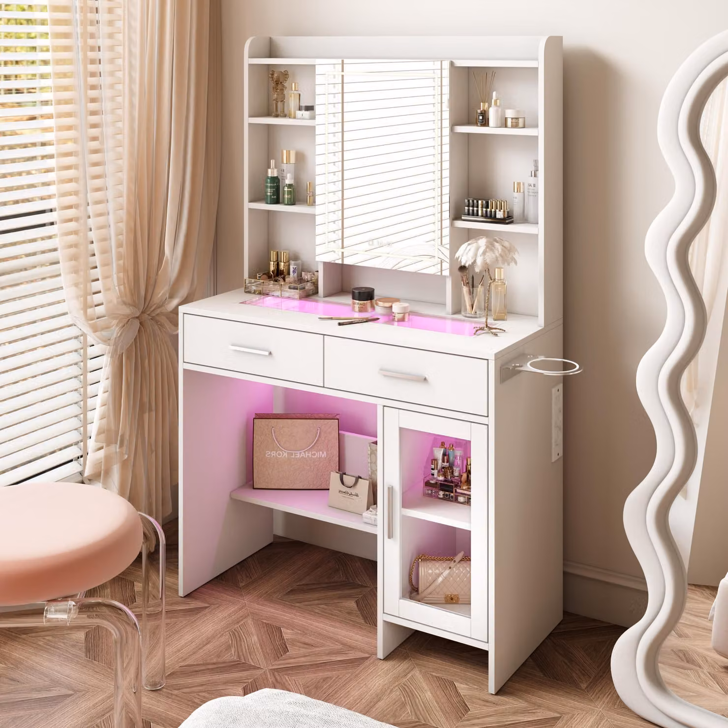 Tavolo da trucco con piano in vetro temperato, presa integrata e supporto per asciugacapelli – Tavolo da trucco moderno e pratico