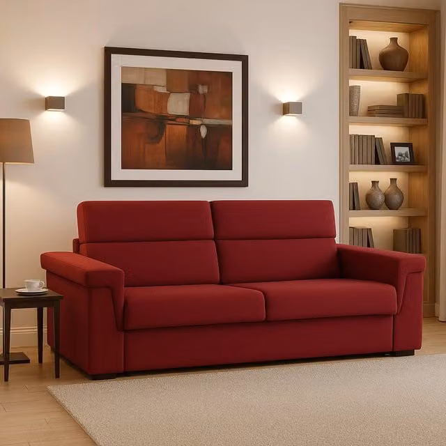 Divano Flaibano DMORA a 2 posti, modello moderno con rivestimento in tessuto rosso e coperture sfoderabili, L: 205 cm, P: 95 cm, H: 100 cm