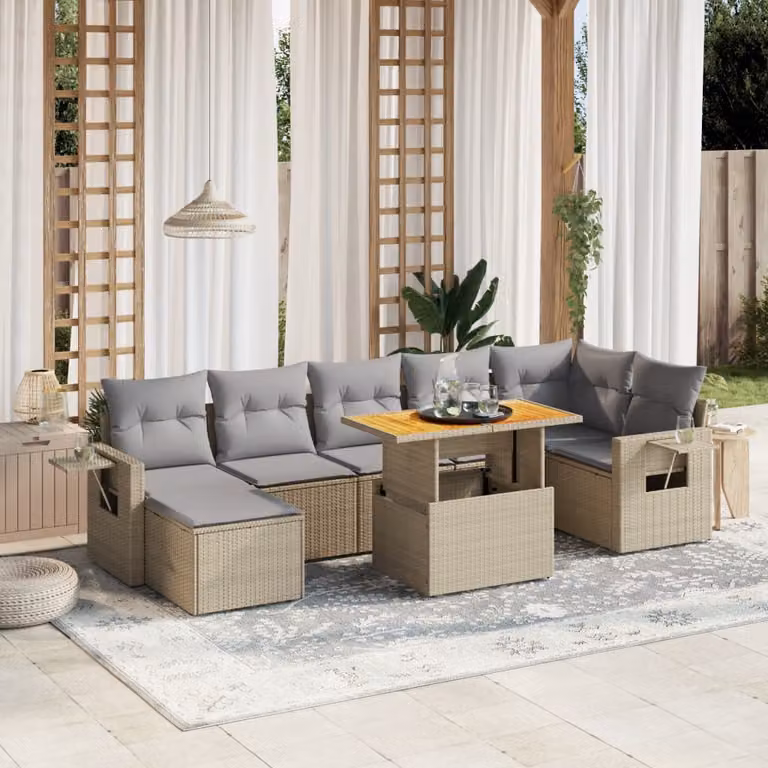 Set Divano da Giardino vidaXL 8 pz in Polyrattan con Cuscini Beige e Tavolino da Caffè
