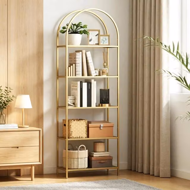 Libreria 60x30x175 cm a 5 ripiani con protezione antiribaltamento in acciaio e vetro temperato dorato