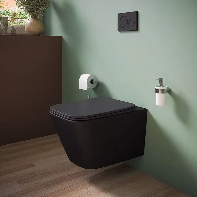 Vaso sospeso rimless in ceramica nero opaco con sedile soft-close | Kyoto