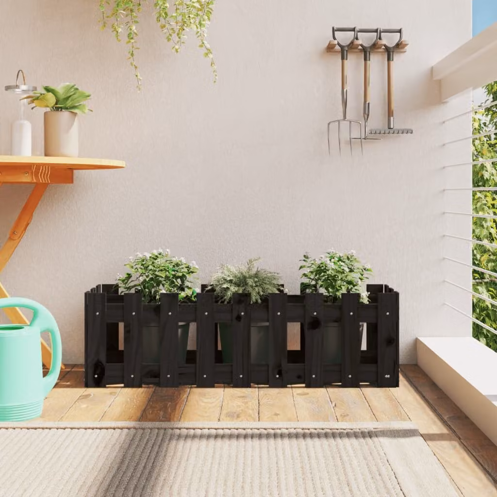 Fioriera da giardino a recinzione vidaXL in legno di pino massello, colore nero, L 100 x P 30 x H 30 cm
