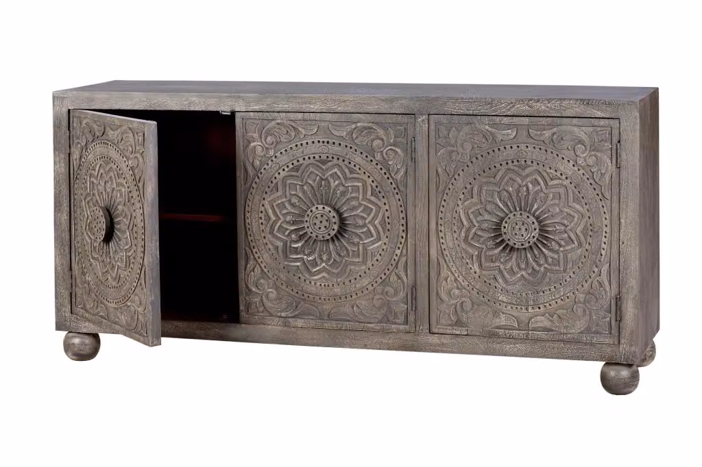 Credenza etnica Giner y Colomer in legno di mango intagliato con decoro floreale, colore grigio opaco – 2