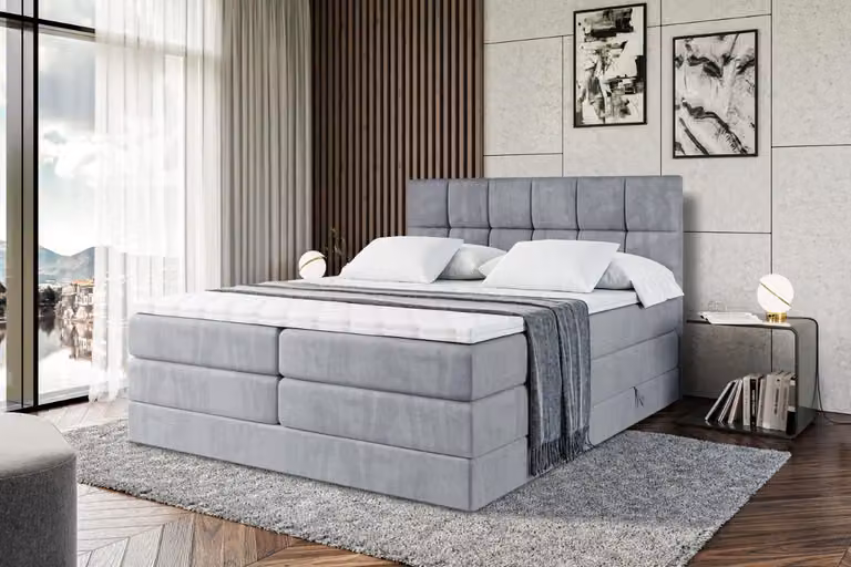 Letto boxspring ALTDECOR con materasso e rete a doghe - RICAR KING 200x200 cm - Grigio velluto - Topper, letto imbottito con contenitore, letto con vano portaoggetti H3 e H4 - Materasso, letto matrimoniale, letto boxspring