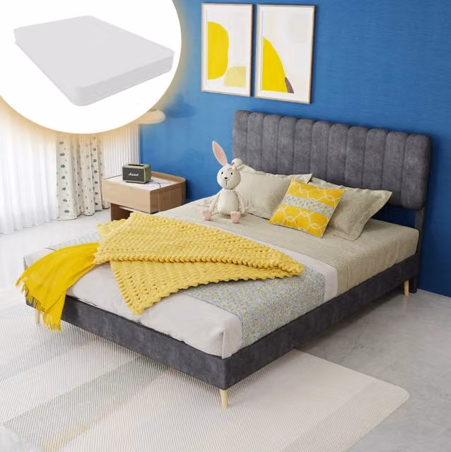 Letto imbottito 140x200 cm in tessuto e metallo, grigio, con materasso incluso