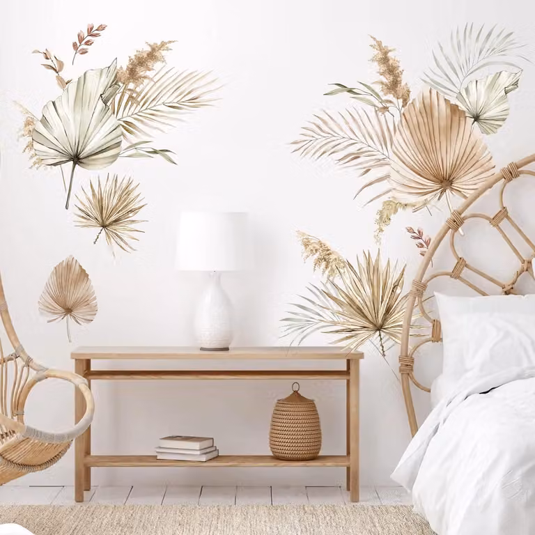 Adesivo murale con foglie di palma Boho - Decorazione murale tropicale - 5 pezzi - Verde - PVC - 50x70 cm