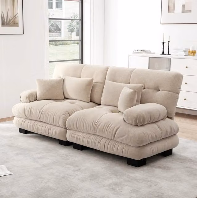 Divano modulare 220x77x81 cm in ciniglia color caffè chiaro con cuscini lombari e decorativi