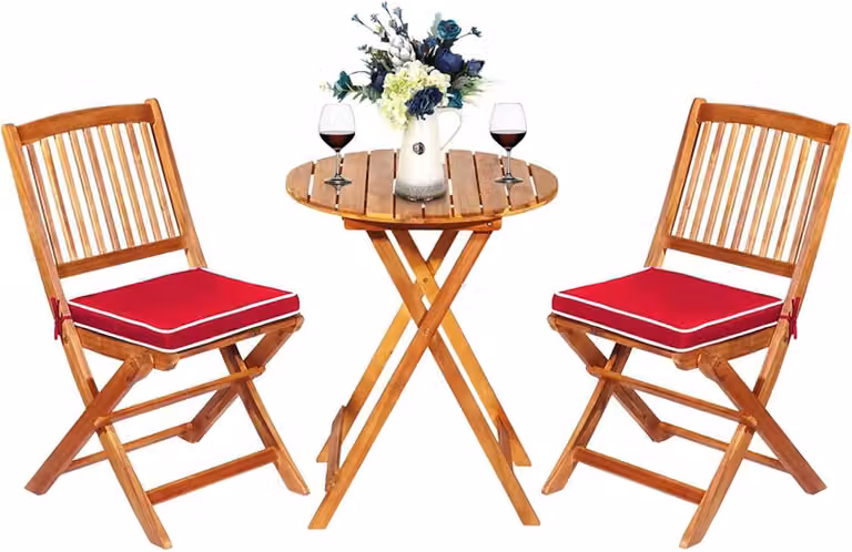 COSTWAY Set di mobili da giardino 3 pezzi, tavolo bistrot con 2 sedie, gruppo di sedute per balcone pieghevole con 2 cuscini, set da giardino, gruppo di sedute in legno di acacia rosso
