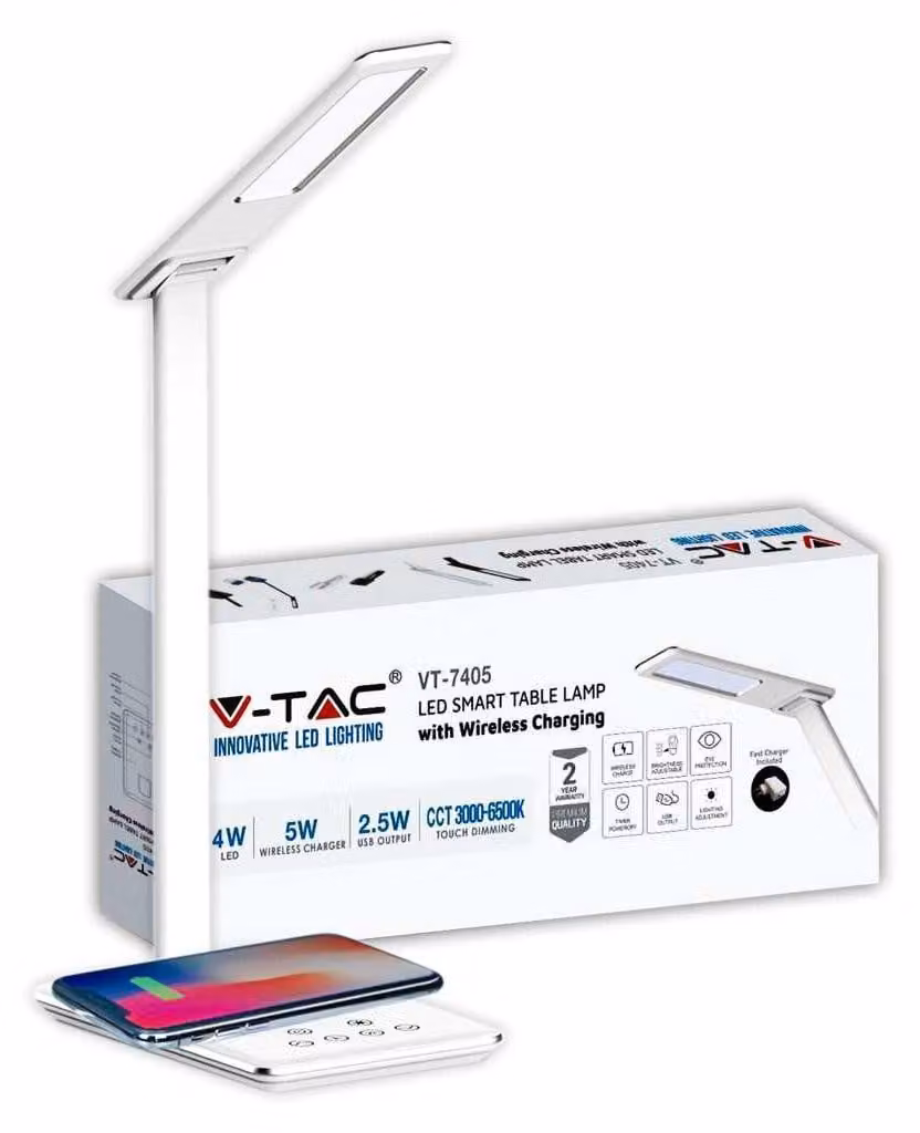 V-TAC VT-7405 Lampada da tavolo LED 4W touch color change 3in1 dimmerabile con base ricarica wireless corpo bianco - SKU 218601