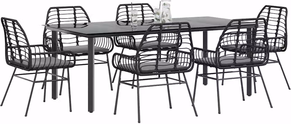 Set Pranzo da Giardino 7 pz Nero con Cuscini Polyrattan Vetro