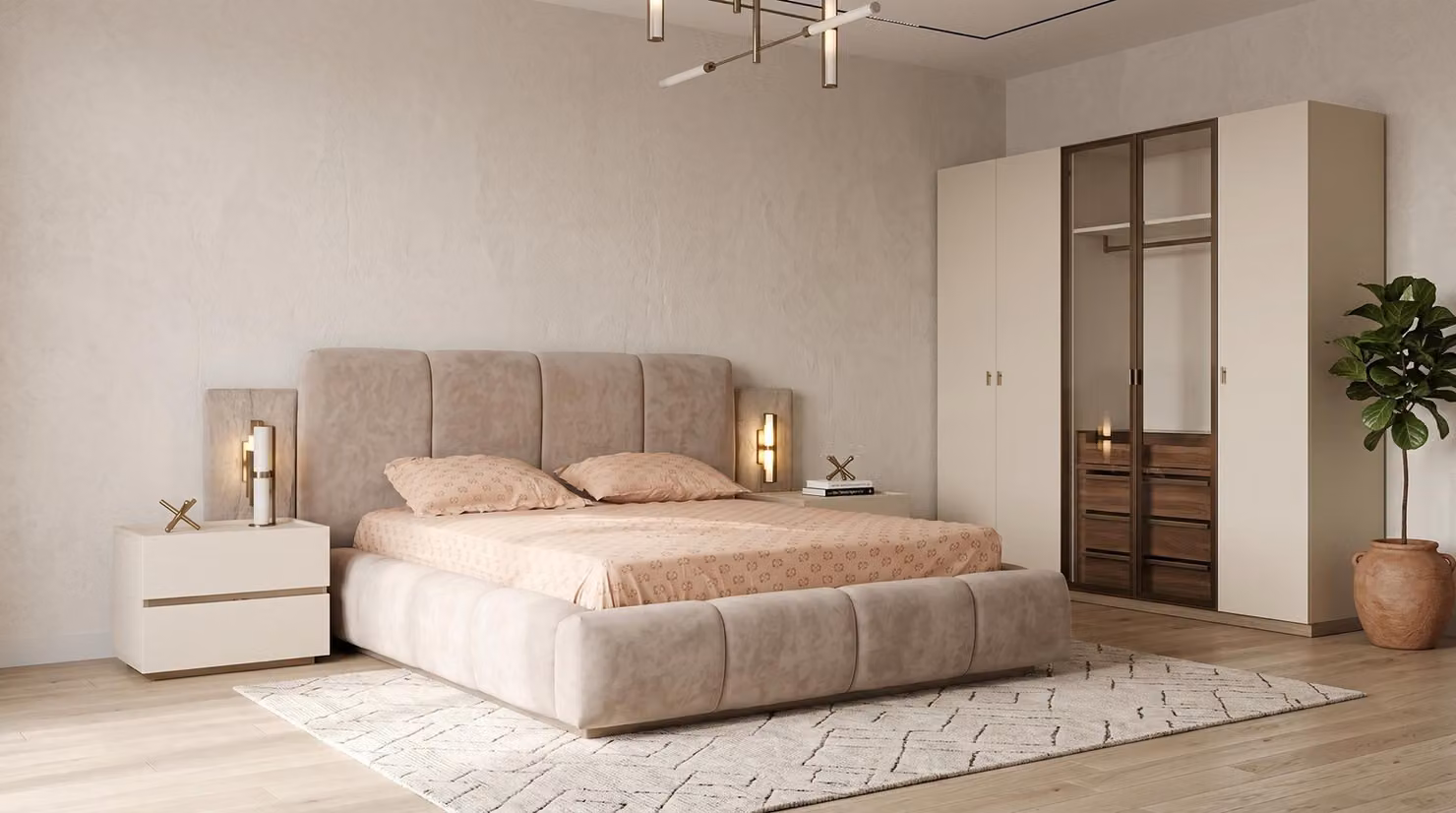 Set per camera da letto moderno, beige, composto da letto, armadio e comodini, di design elegante