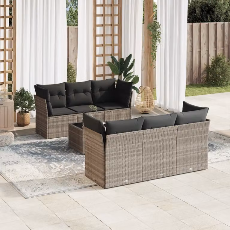 vidaXL Set Divani da Giardino 7pz a Forma a L in Polyrattan con Cuscini Grigio Chiaro e Tavolino da Esterno