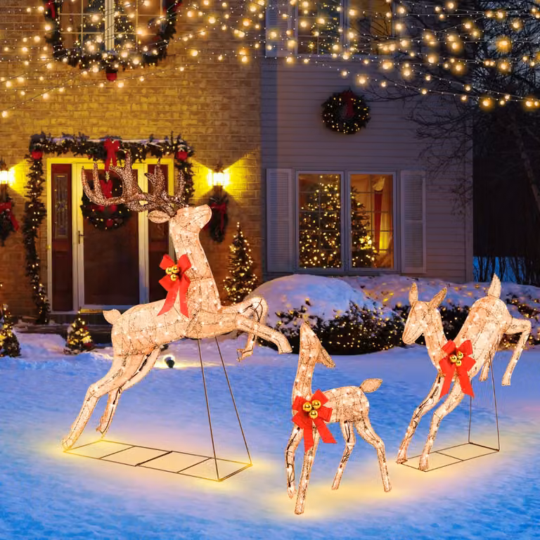 Costway Set di 3 renne natalizie illuminate con 255 luci LED bianco caldo e picchetti per giardino, L/P/H: 135 x 27 x 152 cm