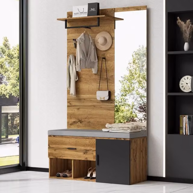 Mobile da ingresso OKWISH con specchio, panca imbottita, scarpiera e ganci, rovere marrone, L: 104 cm, P: 39 cm, H: 190 cm – 1