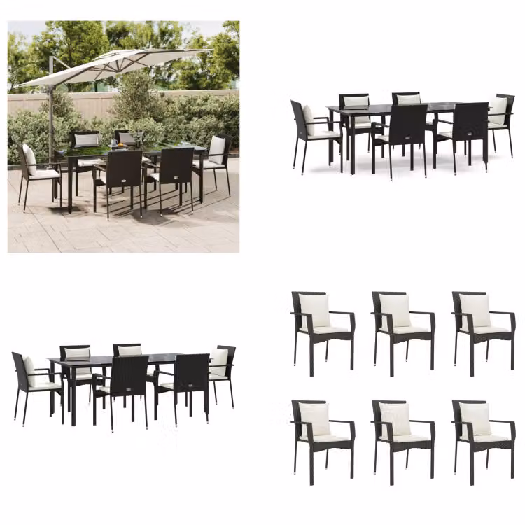 vidaXL Set da pranzo da giardino 7 pezzi con cuscini in poly rattan nero - Set da pranzo da giardino - Set da pranzo da giardino - Set da pranzo da terrazza