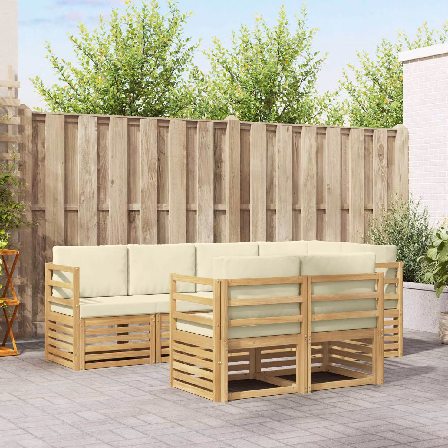 vidaXL Set di divani da esterno 7 pz in legno di acacia con cuscini Bianco e Beige