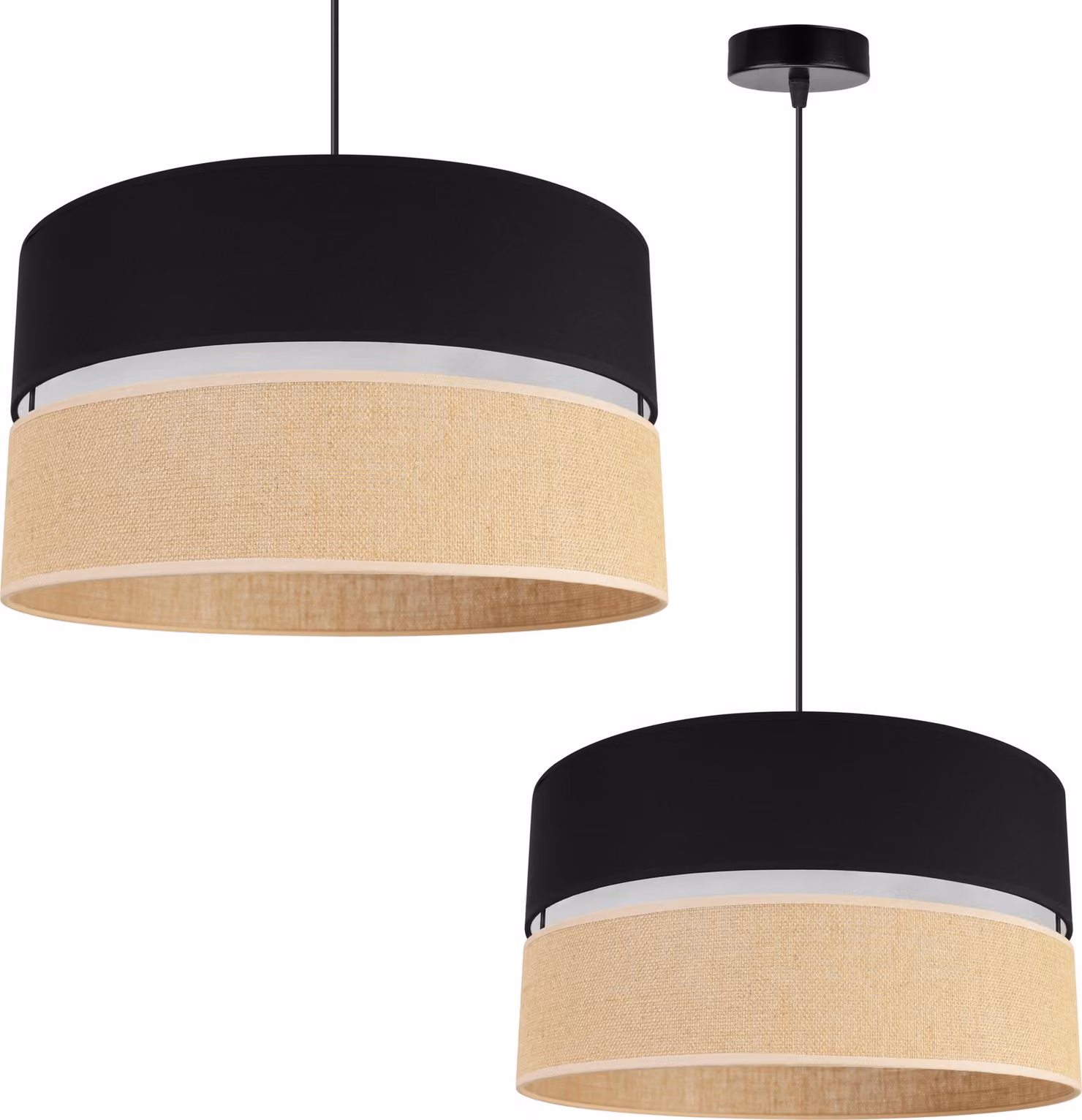 Light-Home Juta - Lampada a sospensione - Metallo con paralume in tessuto - E27 - Classica a 1 lampadina da 40 cm - Base nera e iuta e nero
