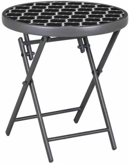 Tavolino pieghevole in vetro, dimensioni 45x45x50 cm, colore nero, ideale per giardinaggio e campeggio.