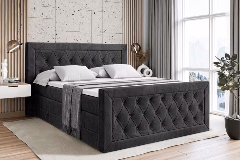 Letto boxspring ALTDECOR con materasso e rete a doghe, topper, pediera, letto imbottito con contenitore, letto con vano portaoggetti, materassi H3 e H4, letto boxspring - NOEL-Z KING - 160x200 - Velluto nero