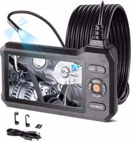 VEVOR Endoscopio Articolato a Tripla Lente con Schermo IPS HD da 5 pollici, Telecamera Endoscopica Industriale con Zoom 8x e Cavo Impermeabile IP67 da 5 m, Colore Nero