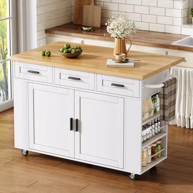 Carrello isola cucina pieghevole WISHDOR bianco con piano estensibile, 3 cassetti e ruote, L/P/H: 120 x 45(70) x 84 cm