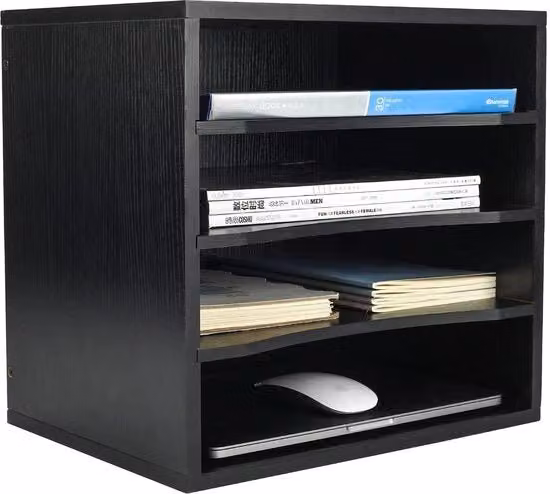 Organizzatore da scrivania 4 compartimenti in legno, contenitori da archiviazione stivellabili, cassetto per documenti in legno, classificatore da scrivania e posta, nero
