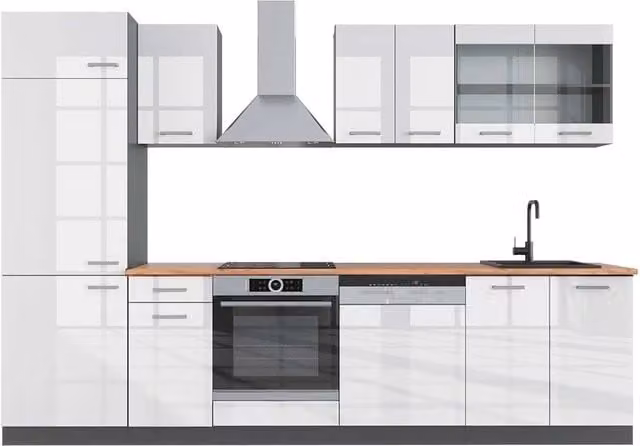 Cucina componibile moderna R-Line Vicco Bianco lucido e Antracite, L: 300 cm