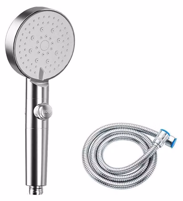 Doccia con tubo da 1,5 metri, soffione a pressione, doccetta manuale con 5 modalità, funzione di interruzione del flusso, ugelli in silicone autopulenti, risparmio idrico, colore argento