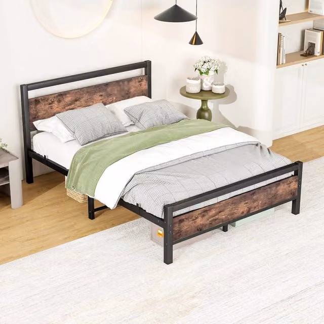 Letto per adulti OKWISH in MDF e metallo marrone antico con rete e spazio sottoletto, L/P/H: 140 x 190 x 90 cm