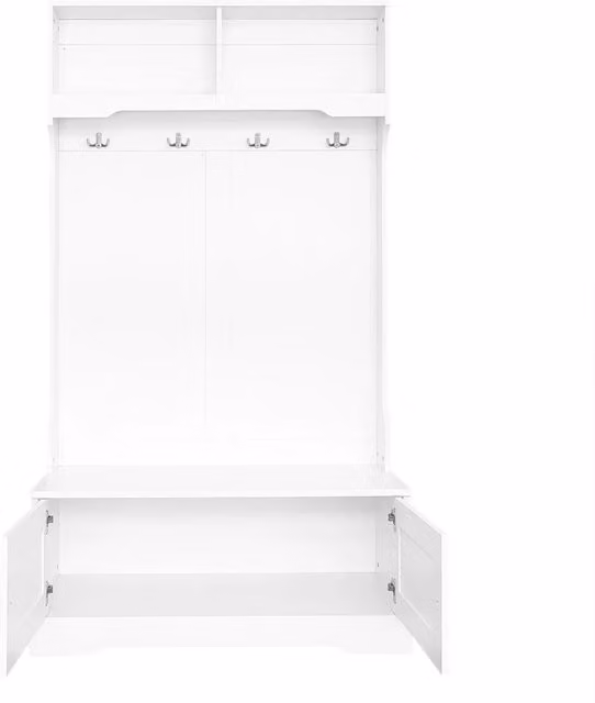 Mobile ingresso bianco con panca integrata, 4 ganci e 2 ripiani aperti, armadietto multiuso 101,5x183 cm