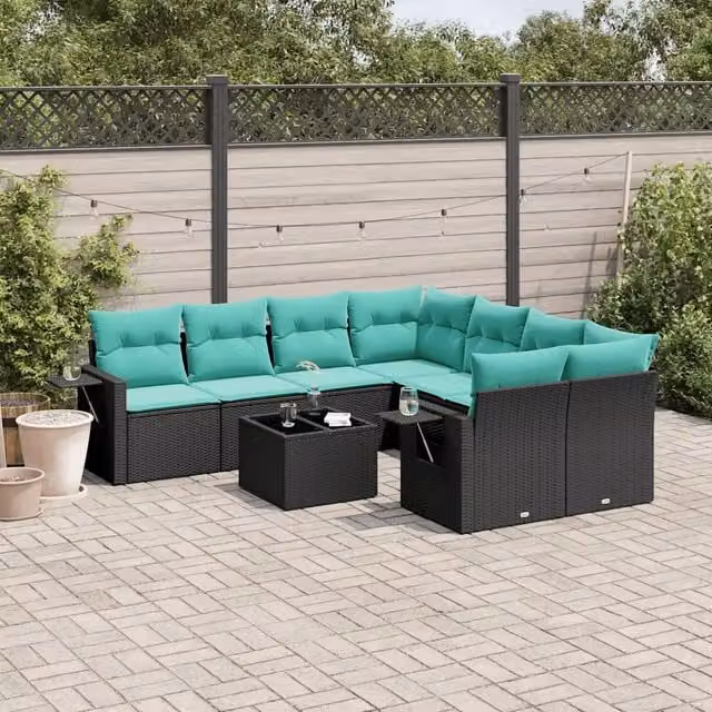 Set Divani da Giardino 9 pz con Cuscini Nero in Polyrattan 3219956