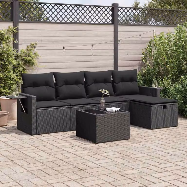 Set Divano da Giardino vidaXL 6 pz a L con Cuscini Nero in Polyrattan e Struttura in Acciaio