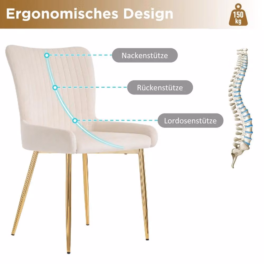 Set di 2 sedie da pranzo in velluto, colore beige, gambe in metallo dorato, imbottite, con supporto lombare