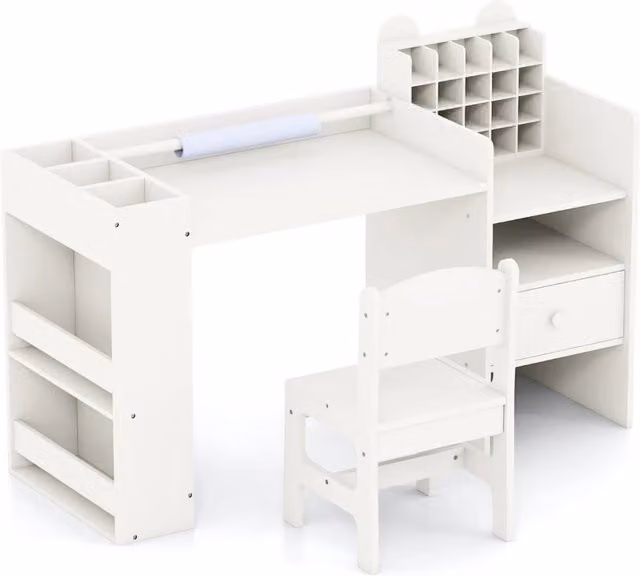 Set di tavolo e sedie per bambini in MDF bianco con design moderno e angoli arrotondati L/P/H: 107,5 x 40 x 72,5 cm