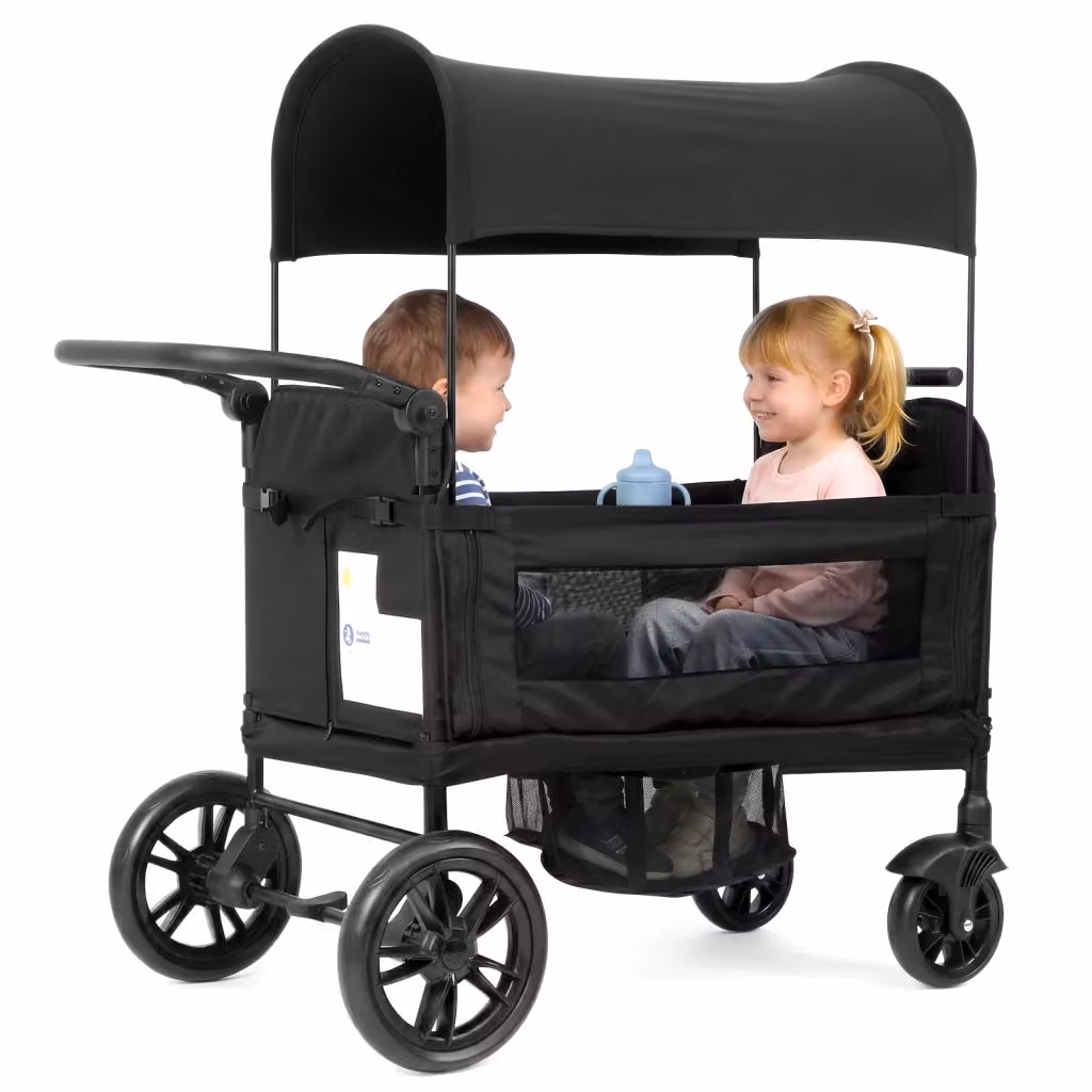 Carrello Passeggino Doppio Pieghevole con Maniglia Regolabile e Portabicchieri Nero – 2