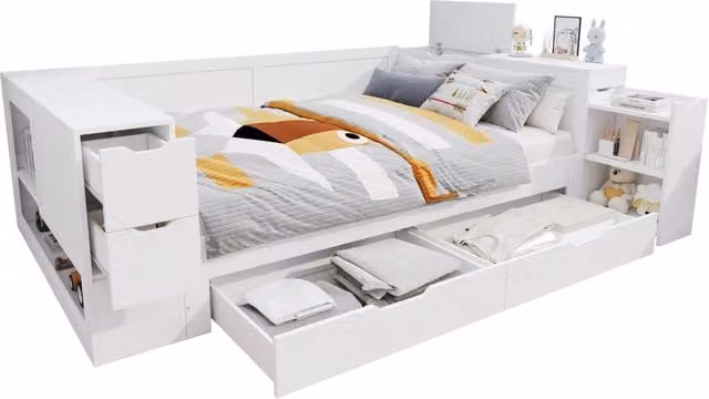 Letto a Divanetto Singolo con Cassetti e Comodino in MDF Bianco L/P: 140 x 200 cm