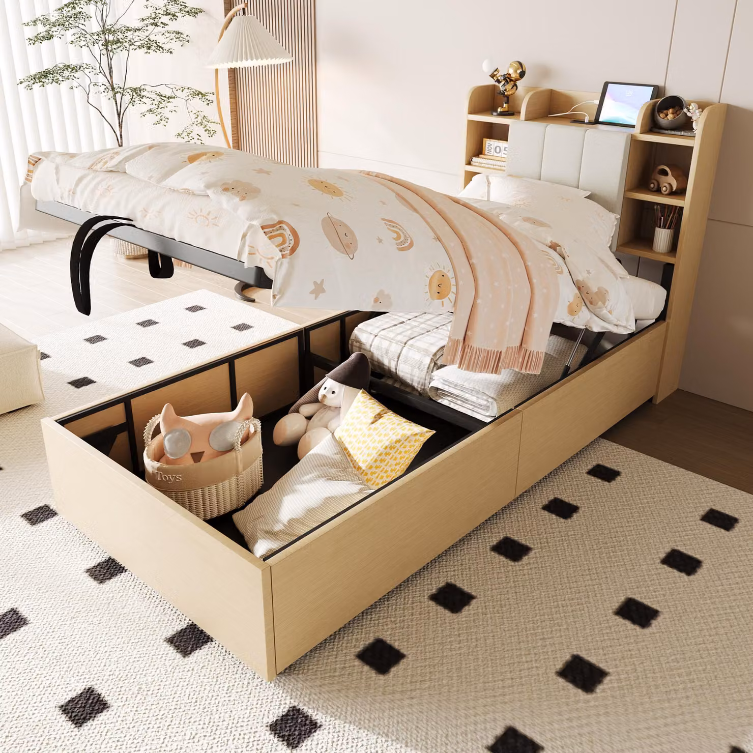 Letto multifunzionale Merax 90x200 cm con testata contenitore, letto in legno con 3×USB e Type-C, letto idraulico per ragazzi con schienale imbottito, natura