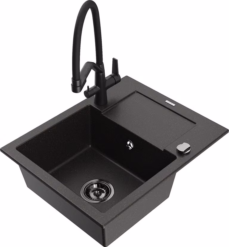 Mexen Enzo lavello da cucina in granito 1-vasca con scolapiatti e rubinetto Duo, nero/oro metallizzato - 6506-75-671701-70-B