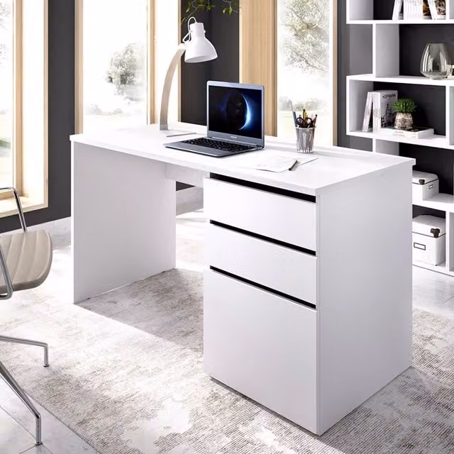 Scrivania DMORA moderna con cassettiera, tavolo da studio bianco lucido per ufficio o cameretta, L: 139 cm, P: 60 cm, H: 75 cm