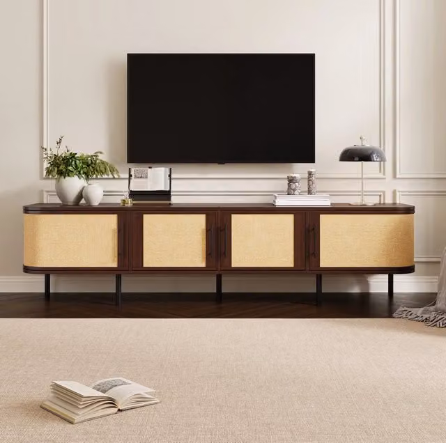 Mobile TV ULEVR 180x40x45 cm con 4 ante effetto intrecciato, MDF color noce e piedi in ferro
