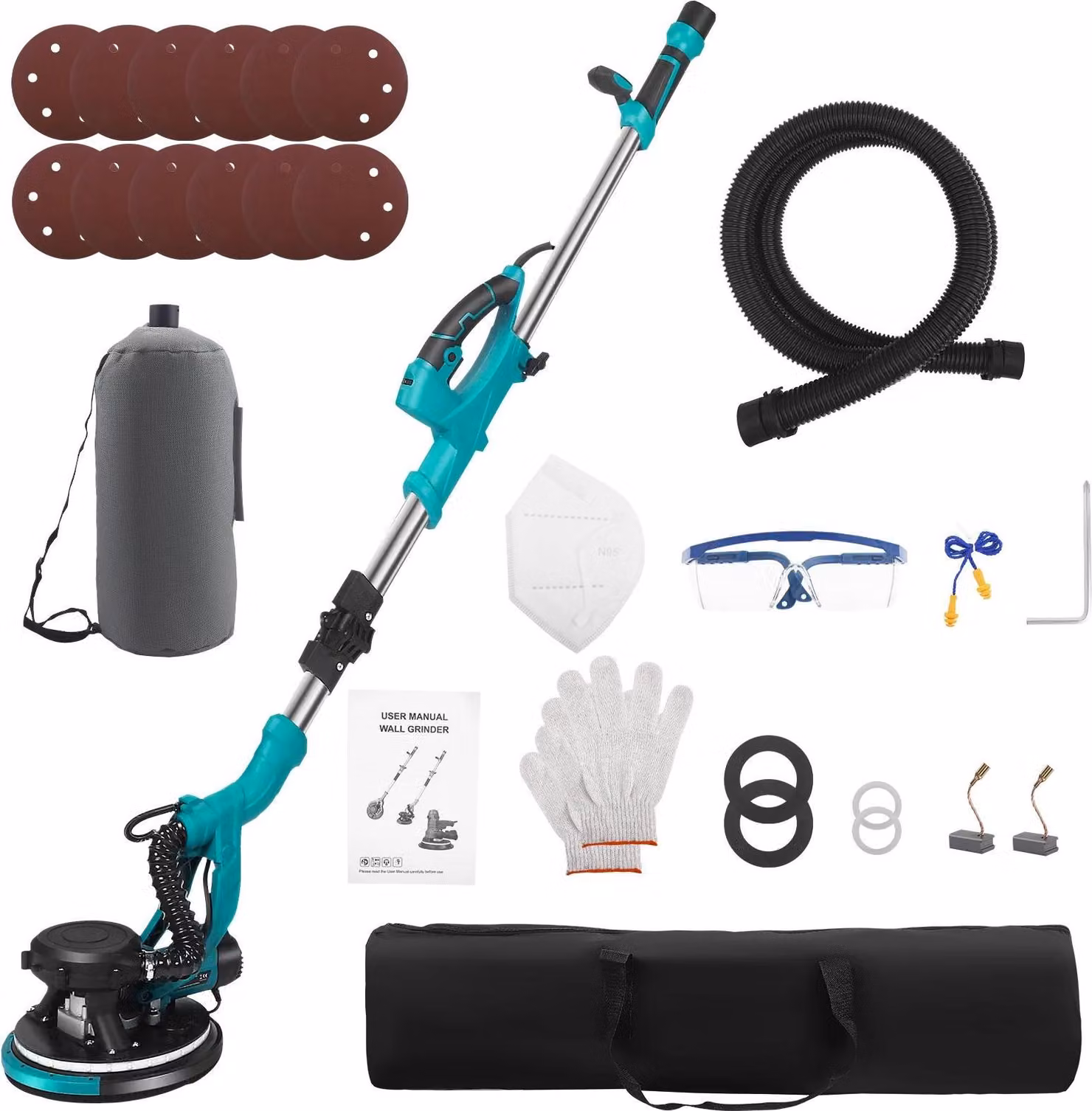 Levigatrice per cartongesso - Levigatrice elettrica per pareti, 850 W - Velocità variabile da 800 a 2100 giri/min - Pieghevole - Manico telescopico - Colore blu