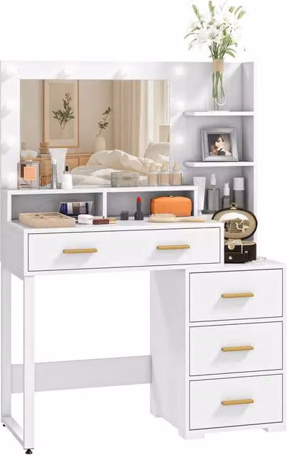 Toeletta con specchio 9 LED 100 x 40 x 138 cm ampio piano di appoggio portaoggetti 4 cassetti 6 scomparti stile moderno in MDF bianco 21_0001580