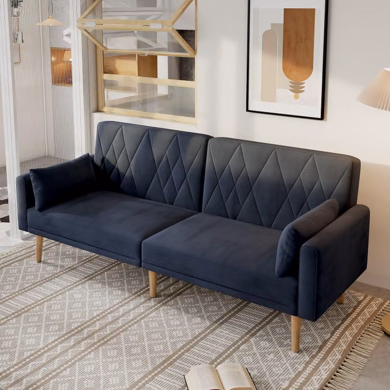 okwish Divano a due posti con chaise longue, divano relax con funzione letto in tessuto vellutato, divano moderno con comodi braccioli, per soggiorno e camera da letto, nero