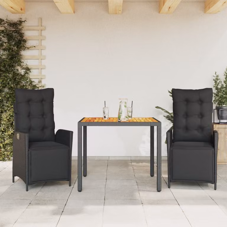 Set da pranzo da giardino vidaXL in polyrattan e legno di acacia nero con 3 pezzi e cuscini